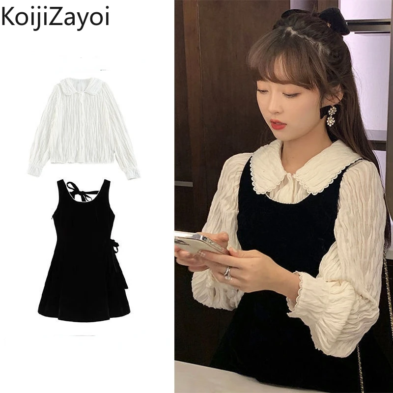 

Koijizayoi Women Japan Style Sweet Two Pieces Set Spring Autumn 2022 New Outfits Black Mini Short Dress Long Sleeves Shirt Chic