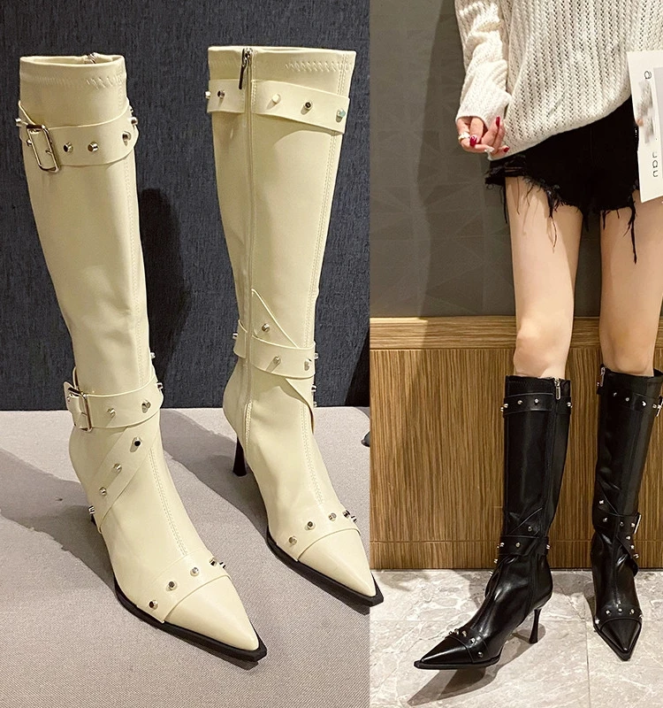 

Женские кожаные сапоги, привлекательная женская обувь на высоком каблуке, зимняя обувь, Роскошные Дизайнерские Сапоги на молнии, женские сапоги с заклепками Ove