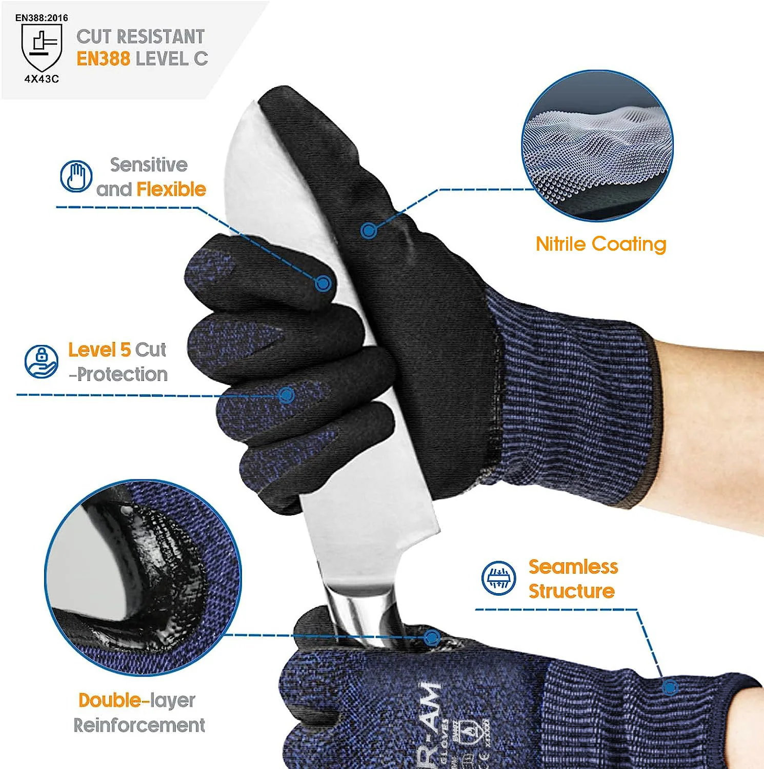 Guantes resistentes a cortes de nivel 5, agarre antideslizante firme, trabajo pesado, revestimiento de espuma de nitrilo duradero y transpirable, pantalla táctil - Imagen 2