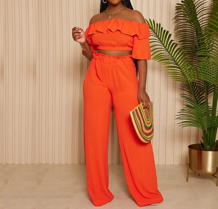 Set Woman 2 Pieces Elegant 2024 Summer Fresh Style One Shoulder Lotus Leaf Edge Short Top and Plain Wide Leg Long Pants Set