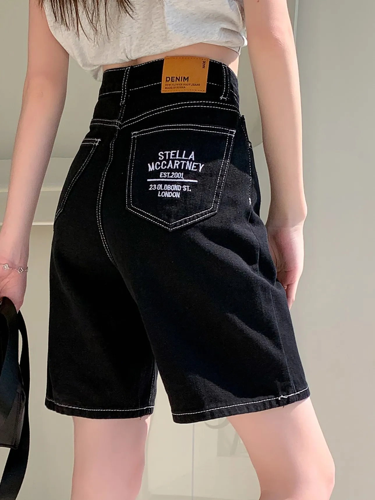 ZHISILAO New White Knee Length Denim Shorts Women Print Straight Jeans Shorts Summer 2024 Streetwear