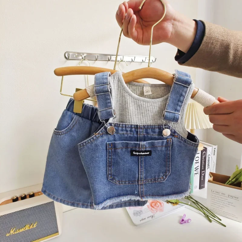2-7Years Fashion Children Girl Summer Clothes Sleeveless Cotton Vest Tops+Denim Tank Tops+A-line Mini Skirt 3PCS Outfit Kids Set