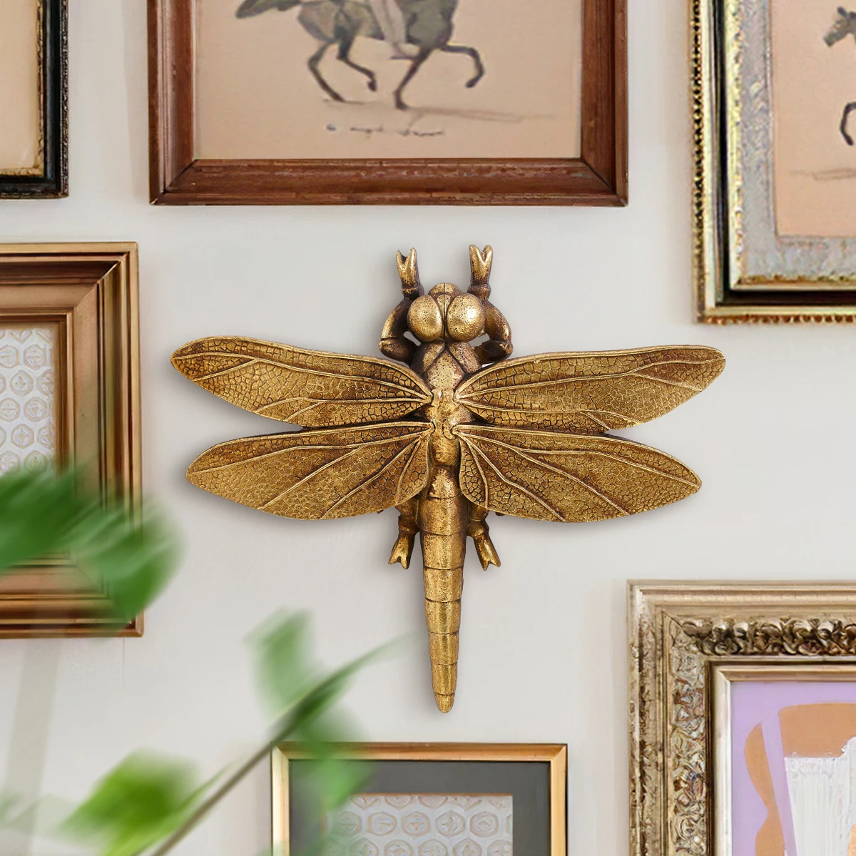 1PC, resin material golden dragonfly home decoration craft wall hanging, family party insect house hanging decoration
