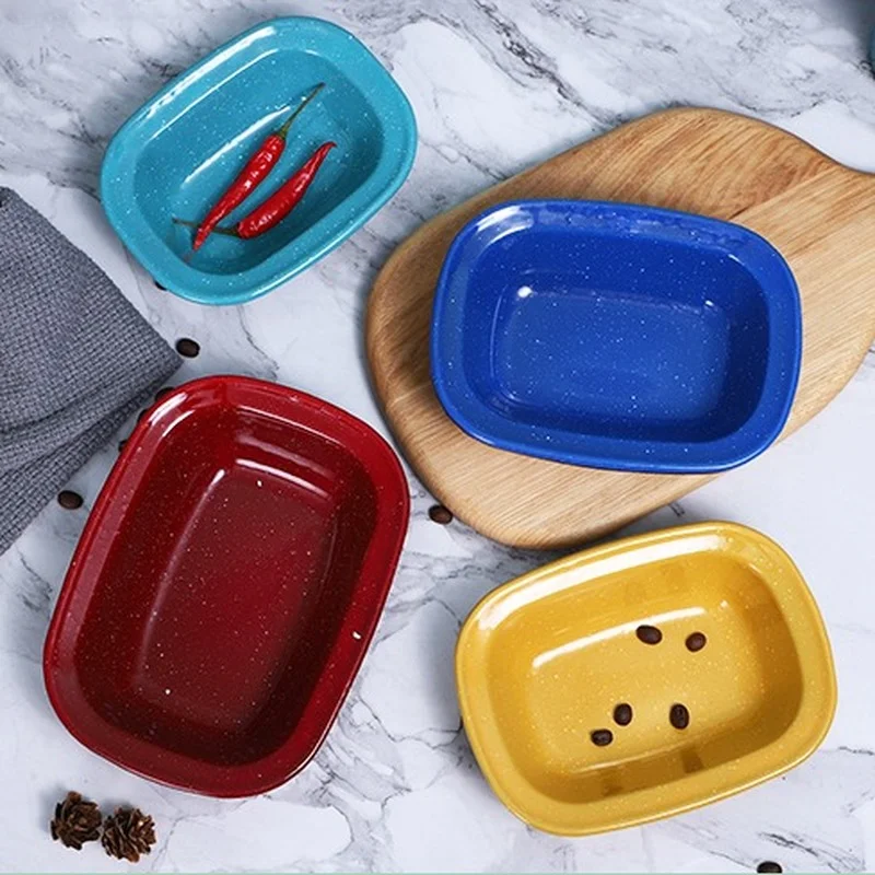 Enamel Cake Dish Thick Color Saucer Household Kitchen Multi-Purpose Creative Plate Ceramic Ins Baked Rice Plate Pie Dish