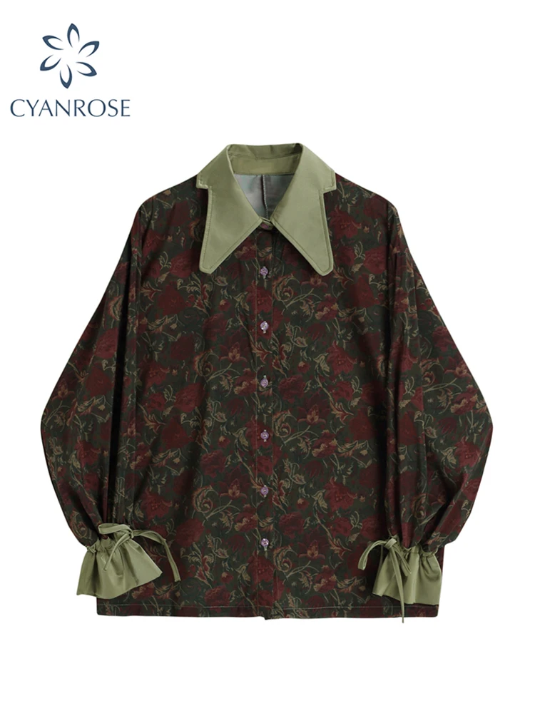 Autumn Vintage Style Floral Printing Loose Women's Blouse Shirt Korean Casual Long Sleeve Ladies Button Blouses Female Tops
