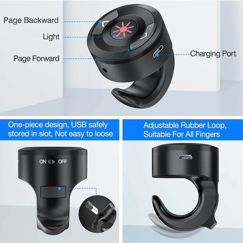 AU42 -2.4Ghz Rechargeable Wireless Presenter Finger Ring With Red Light USB Presentation Clicker For PC Powerpoint PPT