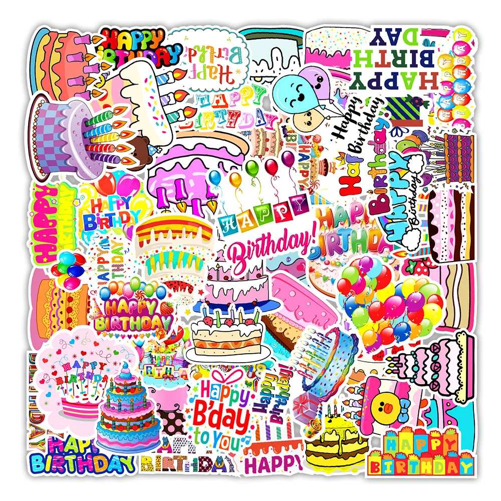 10/30/50PCS cake happy birthday Stickers DIY Bike Travel Luggage Guitar Laptop Waterproof Cool Graffiti Sticker Decals Kid Toys