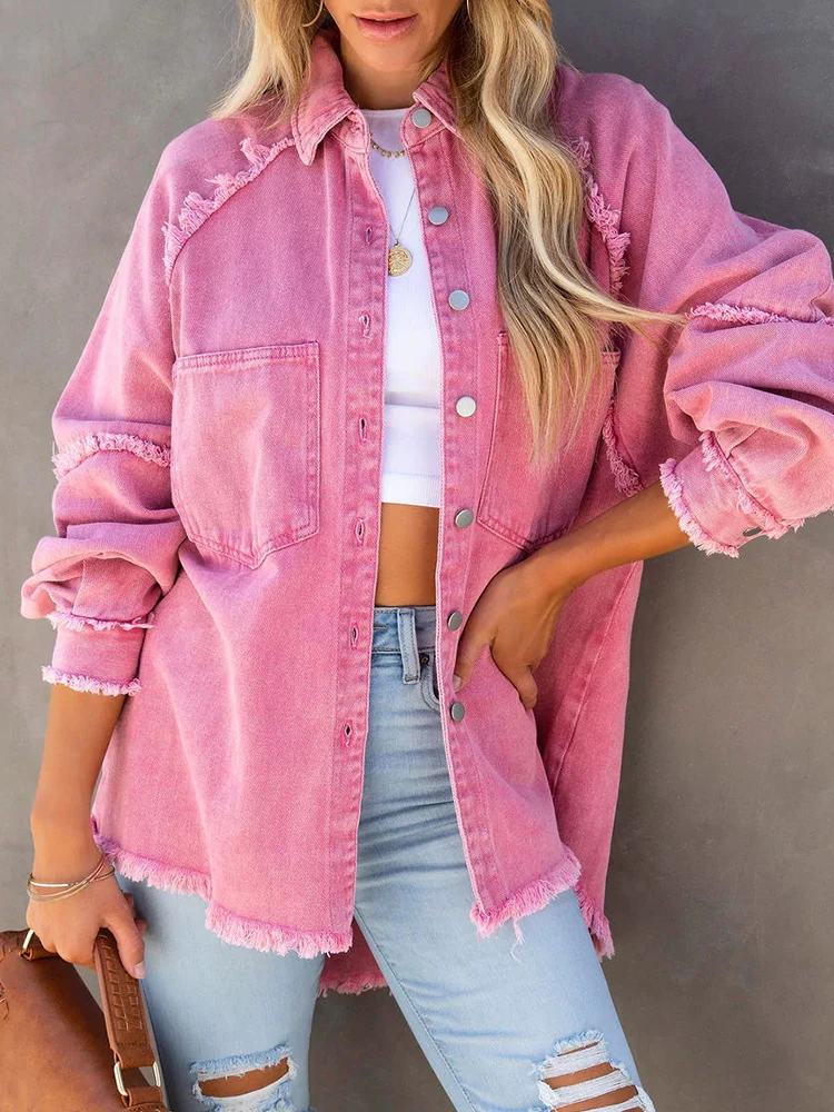 

2023 Sweet Pink Loose Lapel Outerwear Female Autumn Casual Single Breasted Frayed Denim Jacket Solid Pocket Jackets For Women