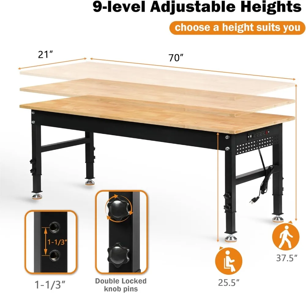 70" Adjustable Height Workbench, 2000 LBS Heavy Duty Work Table with Power Outlets & Pegboard, Rubber Wood Workstation for 3