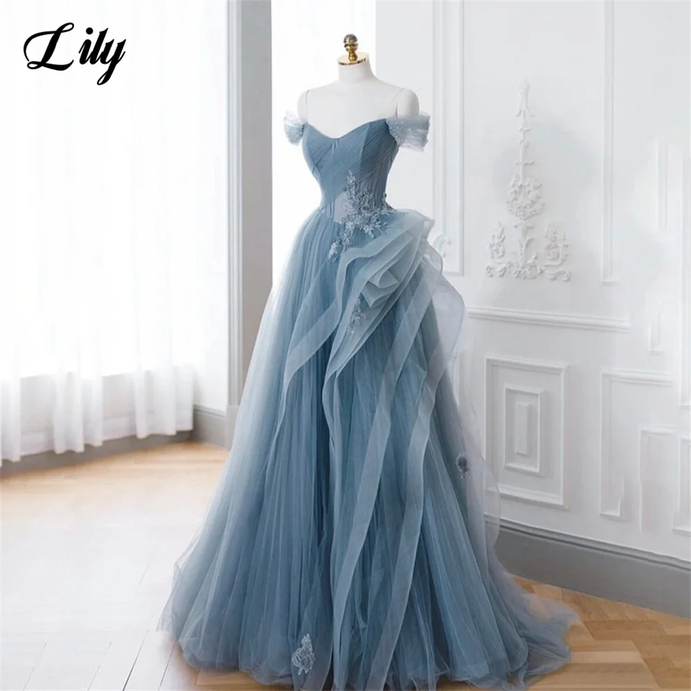 

Lily Blue Pleat Prom Dress Off the Shoulder Party Dress Appliques Celebrity Gowns Net A Line Wedding Party Dress вечерние платья