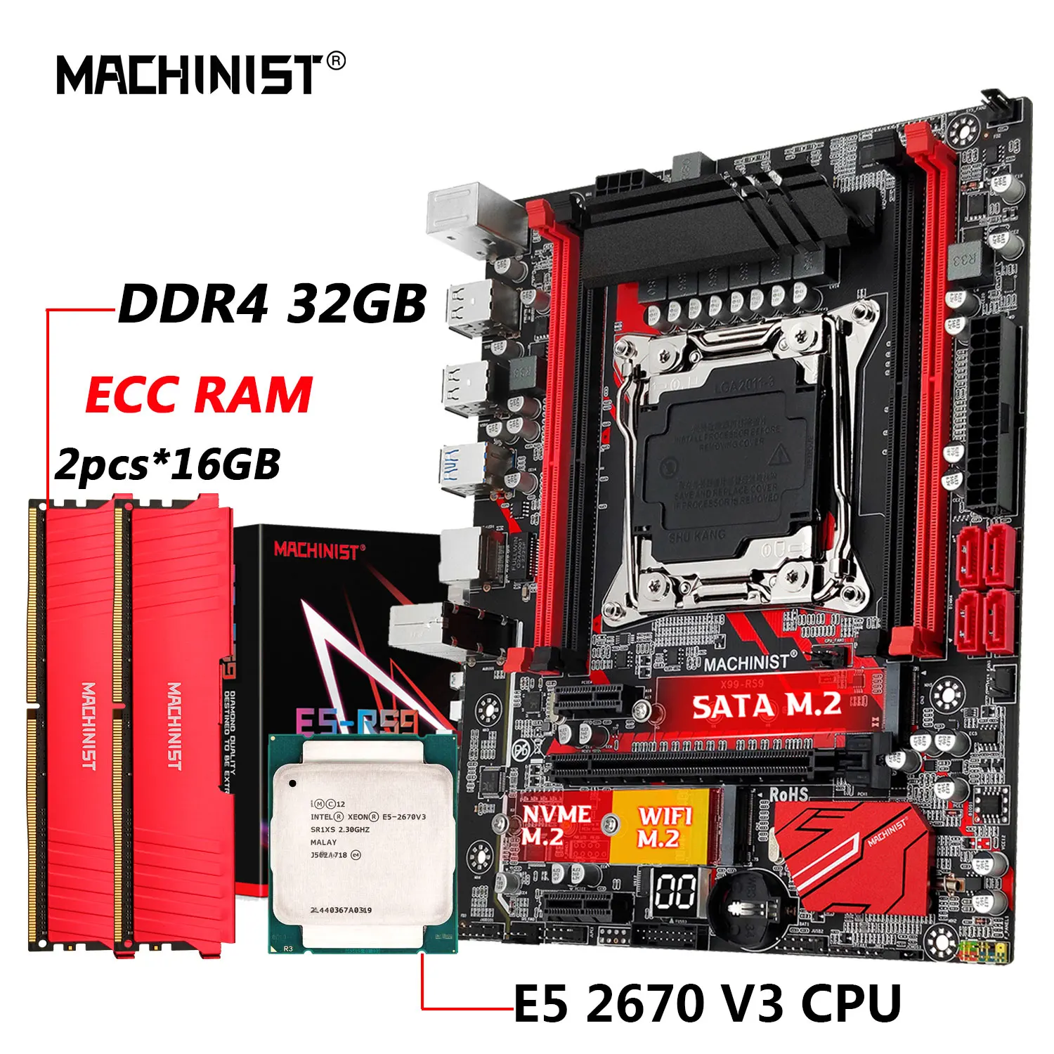  MACHINIST RS9 X99 Motherboard Combo LGA 2011-3 Set Xeon E5 2670 V3 Kit CPU Processor DDR4 32GB RAM Memory NVME M.2 four channels 