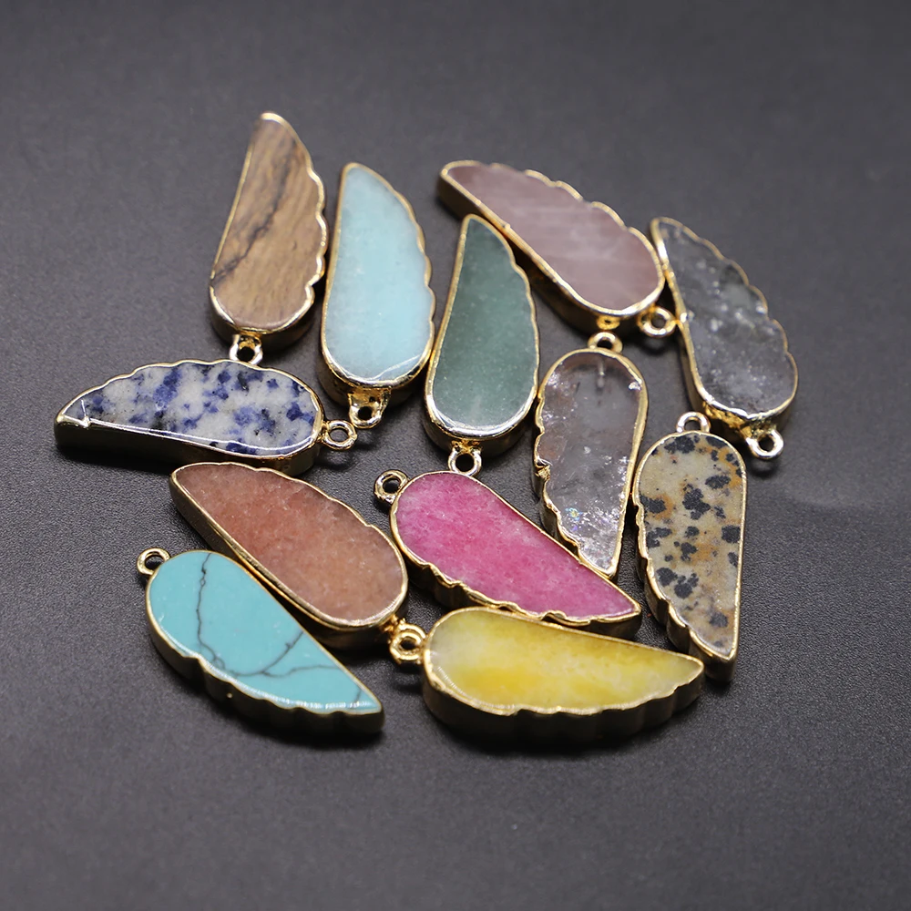 New Natural Stone Angel Wings Feathers Healing Crystals Pendants Charms Necklace for Women Men Jewelry Making 10Pcs Mixed Lot