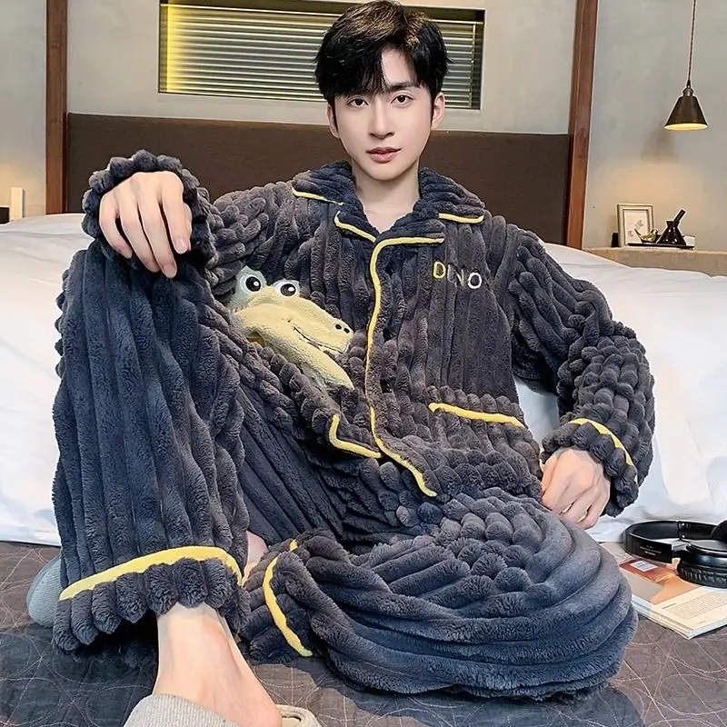Men Coral Velvet Pajamas Winter Men Fleece-lined Thickened Thermal Flannel Homewear Youth Cartoon Casual Nightclothes Suit 2024