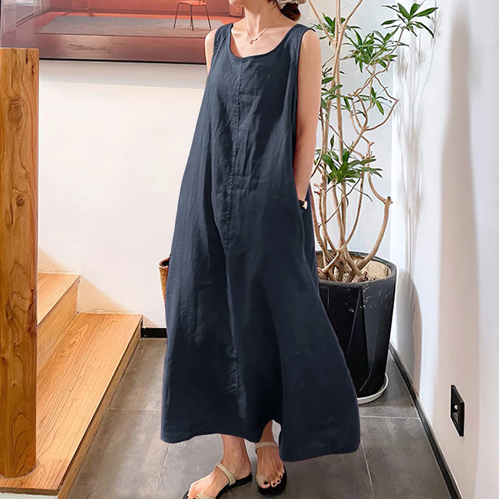 24720-3b3a90.jpg Summer Cotton Linen Dress Women Maxi Dress Round Neck Long Tanks Loose Dress Bohemian Plus Size Beach Boho Dress Vestidos 2023 - Image 1
