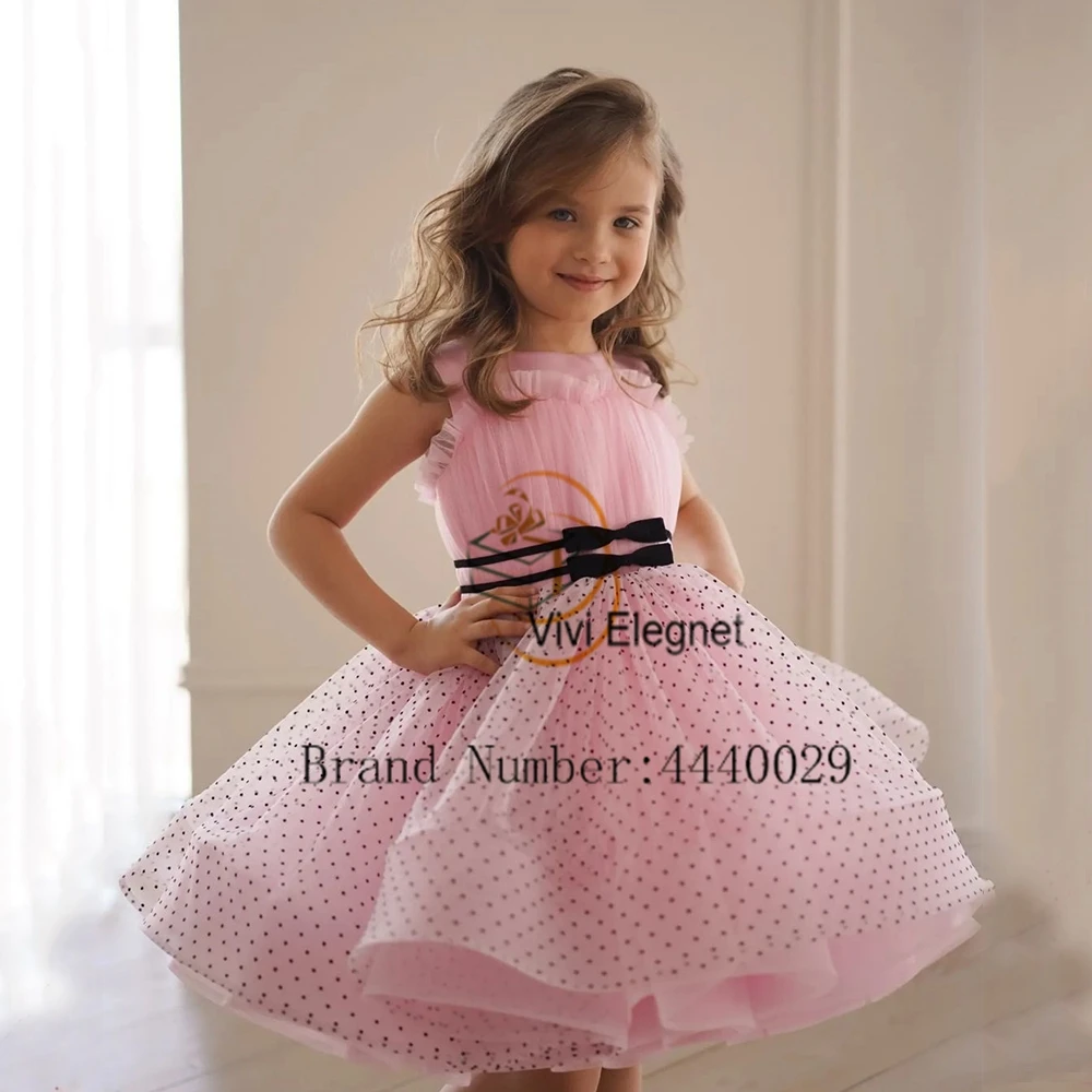

Pink Scoop Flower Girl Dresses with Black Belt 2023 Tutu Soft Tulle Sleeveless Wedding Party Gowns New Summer فساتين اطفال للعيد