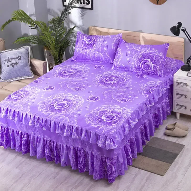 3Pcs Bed Sheet Lace Skirt Elastic Fitted Double Bedspread With Pillowcases Mattress Cover Bedding Set Elastic King Size Bedsheet