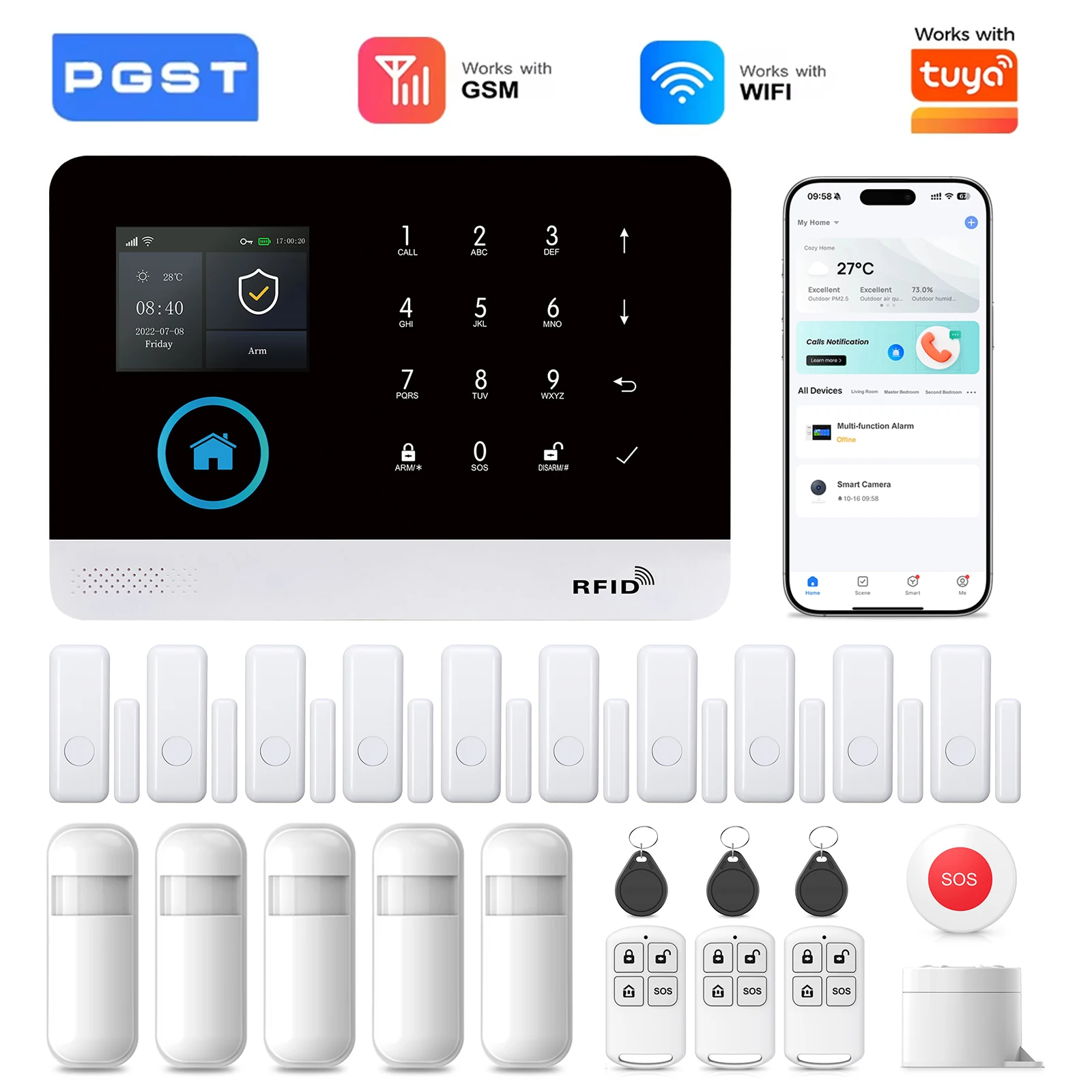 Système d'alarme PGST pour la maison, alarme de sécurité WIFI GSM, antivol avec capteur de mouvement de porte, compatible avec Tuya et Alexa. 1