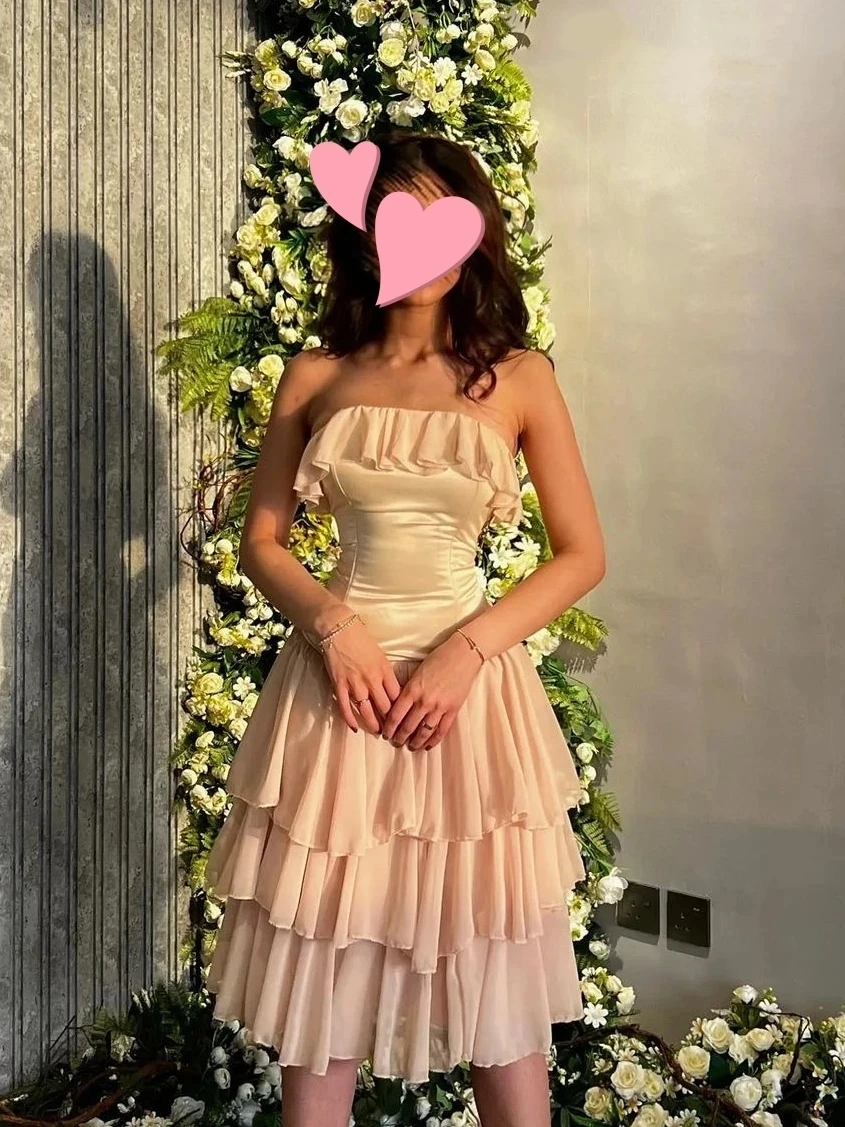 

Romantic Elegant Vintage Sweet Champagne Chiffon Ruffle Short Ribbon Customized Formal Occasion Prom Dress Evening Party Gowns