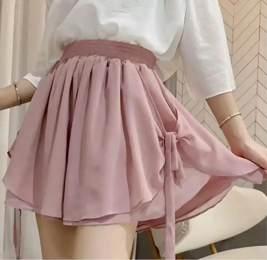

Women Chiffon Solid Color Loose Summer 2022 Elastic Waist Sweet Ruffles All-match Casual Double Layer High Wasited Shorts Skirts