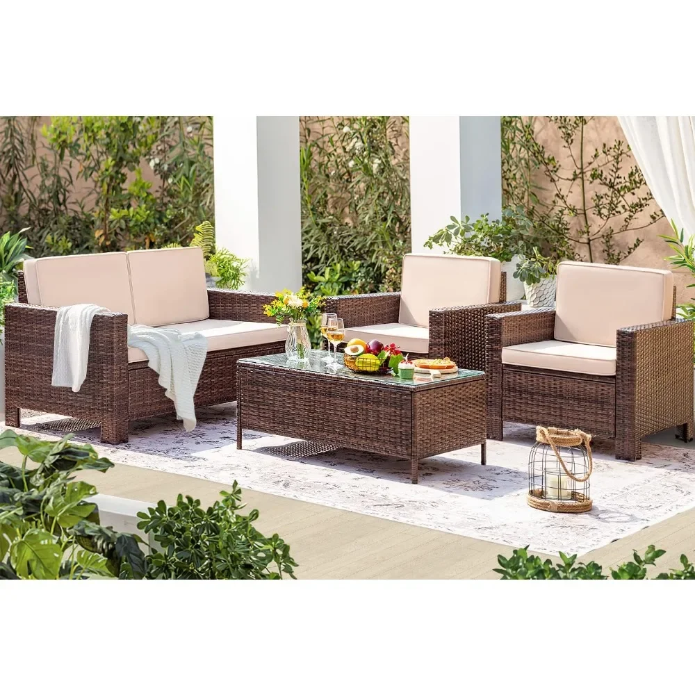 

4 Pieces Patio Furniture Sets Rattan Chair Wicker Conversation Sofa Set,Outdoor Backyard Porch Garden Poolside Balcony (Beige)