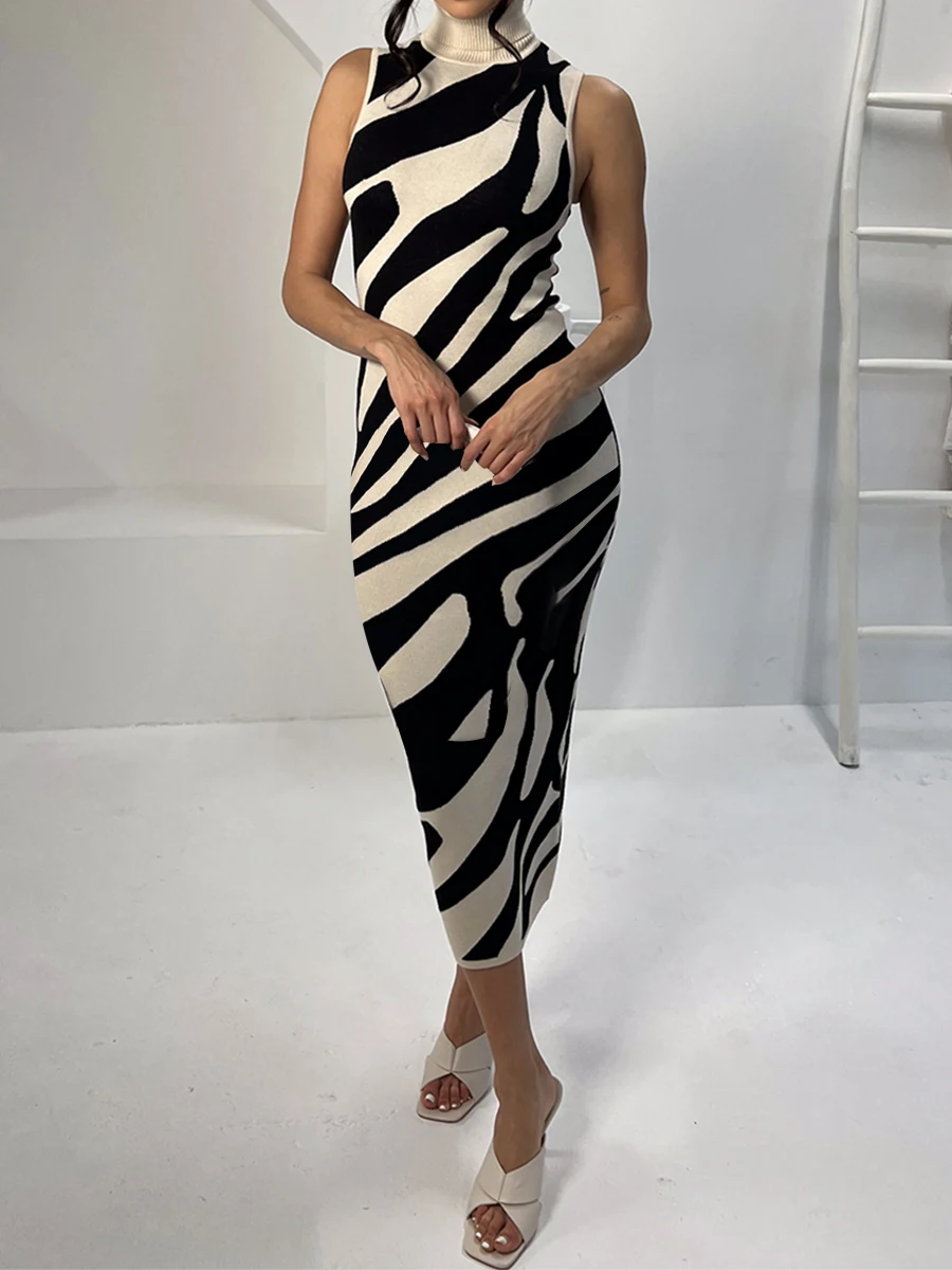 

chic and elegant Women Sleeveless Turtleneck Bodycon Party Dress Autumn Winter Slim Sexy Dresses