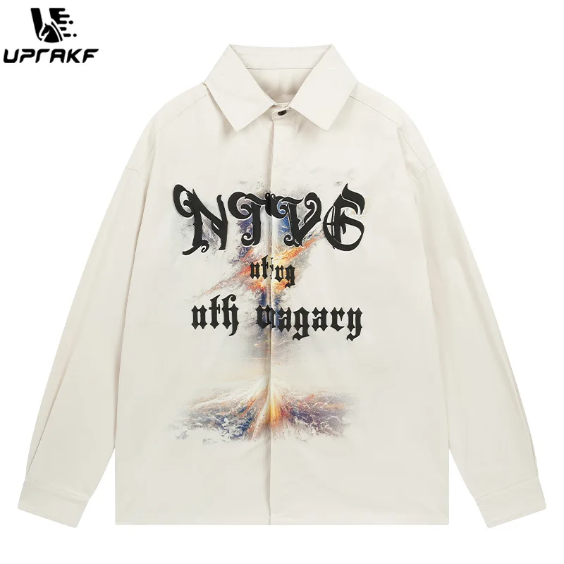 UPRAKF Letter Print Shirts Long Sleeve Polo Neck Fashion Casual Loose Autumn Button High Street Tops Harajuku