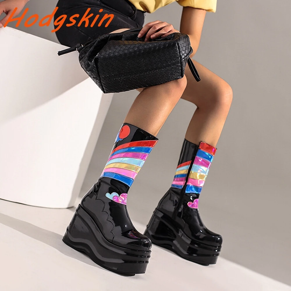 Mixed Colors Mid Calf Boots Round Toe Side Zipper Casual Comfy Height Increasing Shoe Autumn Winter Patent Leather Women's Boots