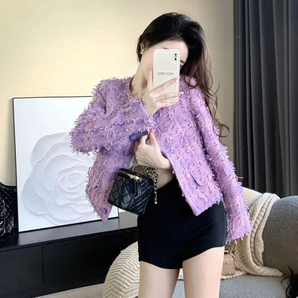 

Autumn Winter Tweed Jacket Womens Purple Elegant Small Fragrance Wind Woolen Blends Coat 2024 Office Lady Fashion Korean Outwear