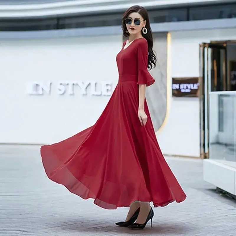 Women Young Style V-neck Solid Color Simple Elegant Chiffon A-line Dresses  Summer Short Sleeve Ankle-length Dress Clothing - Dresses - AliExpress