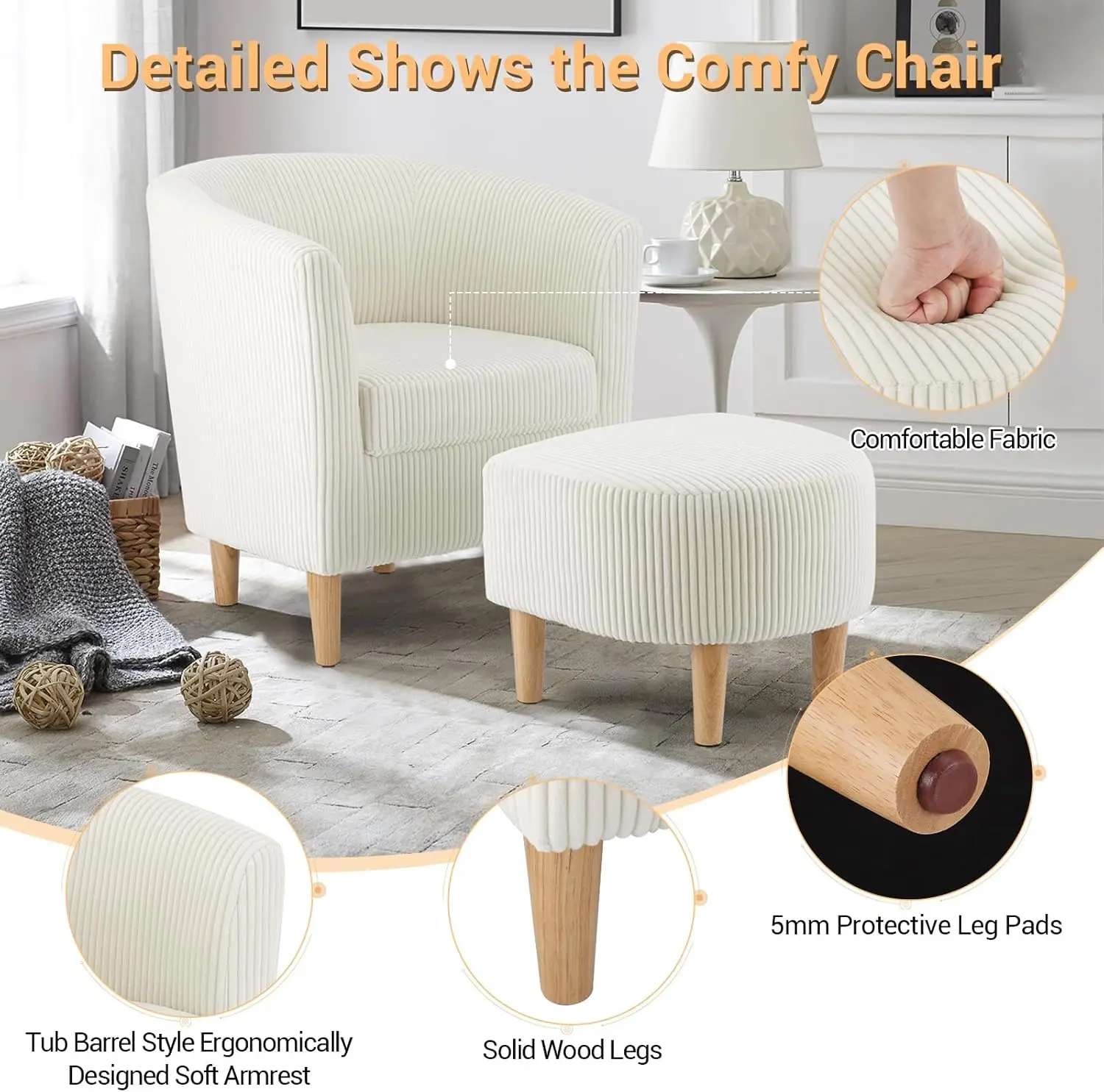 Chairs Set of 2,Barrel Chair with Comfy Armchair Corduroy Living Room Chairs Mid Century Modern Chair Upholstered Club Tub