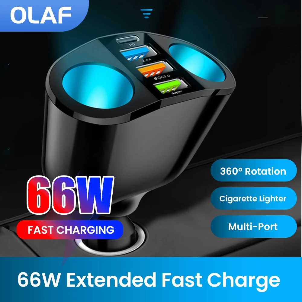 

66W Car Charger Fast Charging Cigarette Lighter Adapter 3USB PD Type C Socket Car Phone Charger For iPhone Xiaomi Huawei QC 3.0