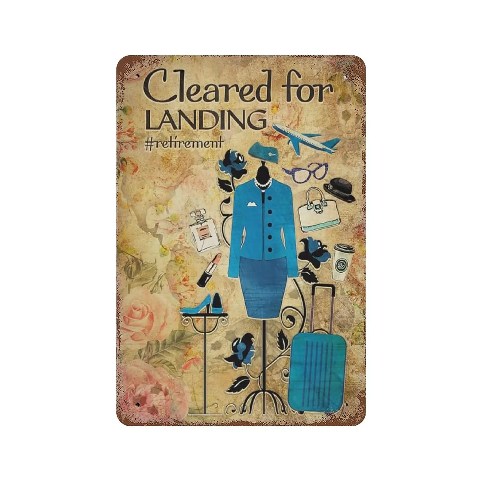 Vintage Metal Tin Sign Plaque,Cleared for Landing Retirement Flight Attendants Tin Sign,Man cave Pub Club Cafe Home Decor Plate,