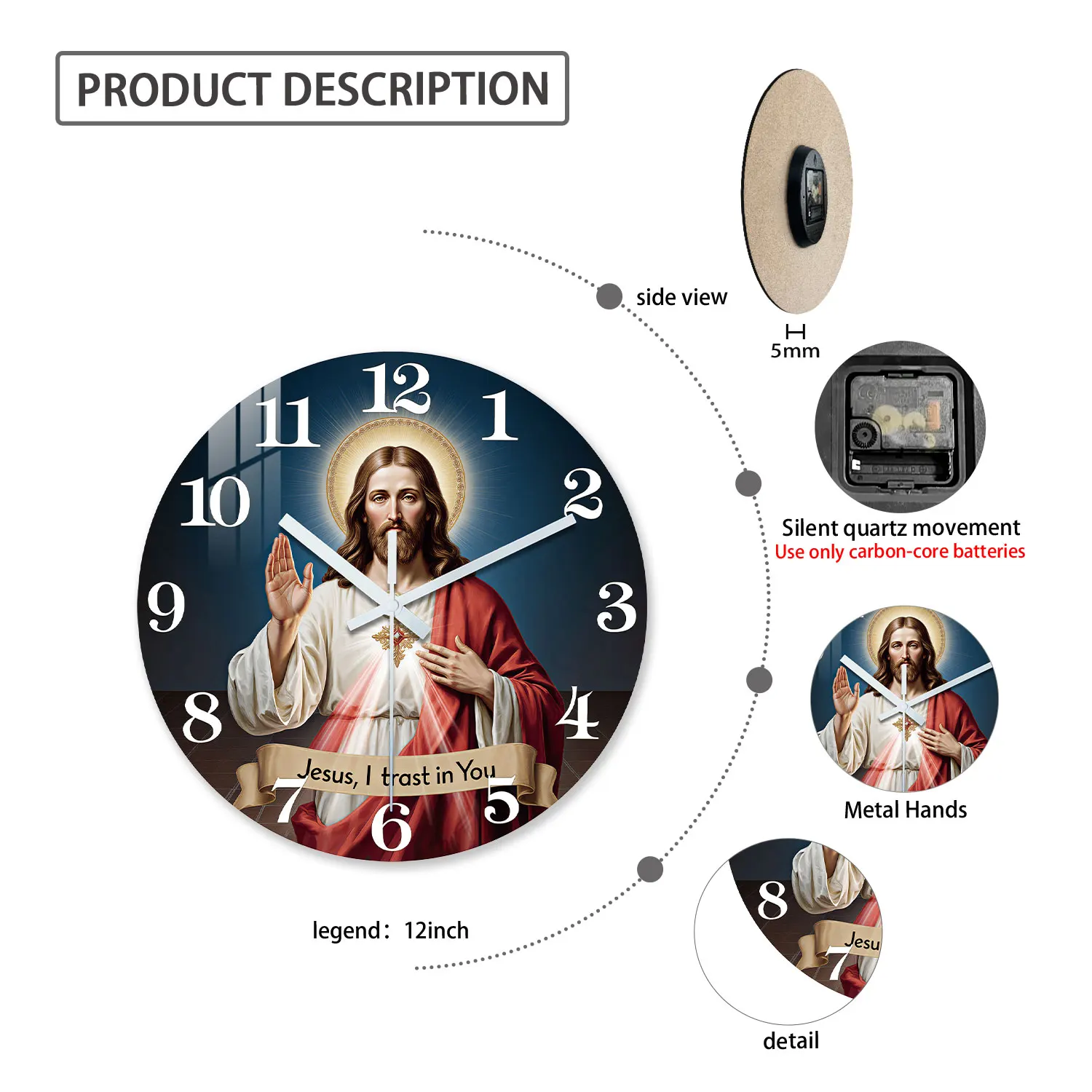 Sacred Heart Deep Blue Wooden Wall Clock - Silent and Stylish Home Décor