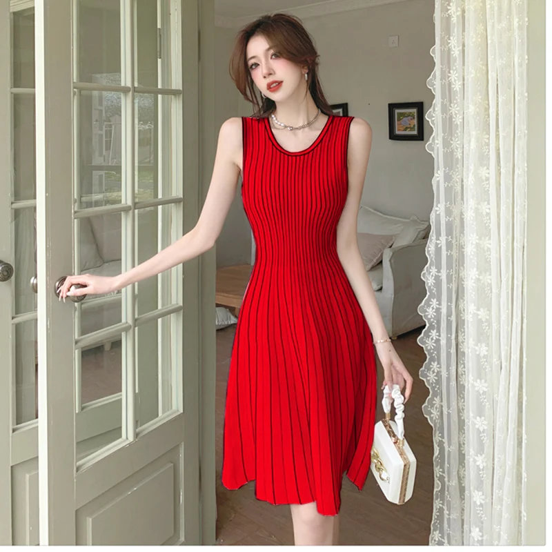 

Летнее трикотажное платье-свитер 2023, летнее облегающее сексуальное летнее трикотажное платье-свитер, обтягивающее трикотажное платье-свитер в Вертикальную Полоску