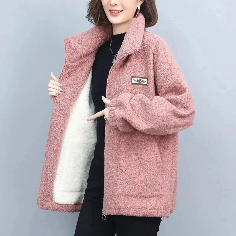 

2023New Coat Women Autumn Winter Long Outwear Cardigan Imitation Lamb Wool Jacket Middle-Aged Mother Thickened Sportshirt Ladies