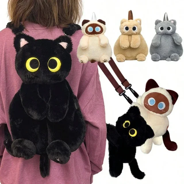 Sacs à dos chat noir, poupée chaton à grands yeux, peluche Kawaii, animaux en peluche, sac à bandoulière grande capacité, jouet doux, sac à bandoulière à la mode 1