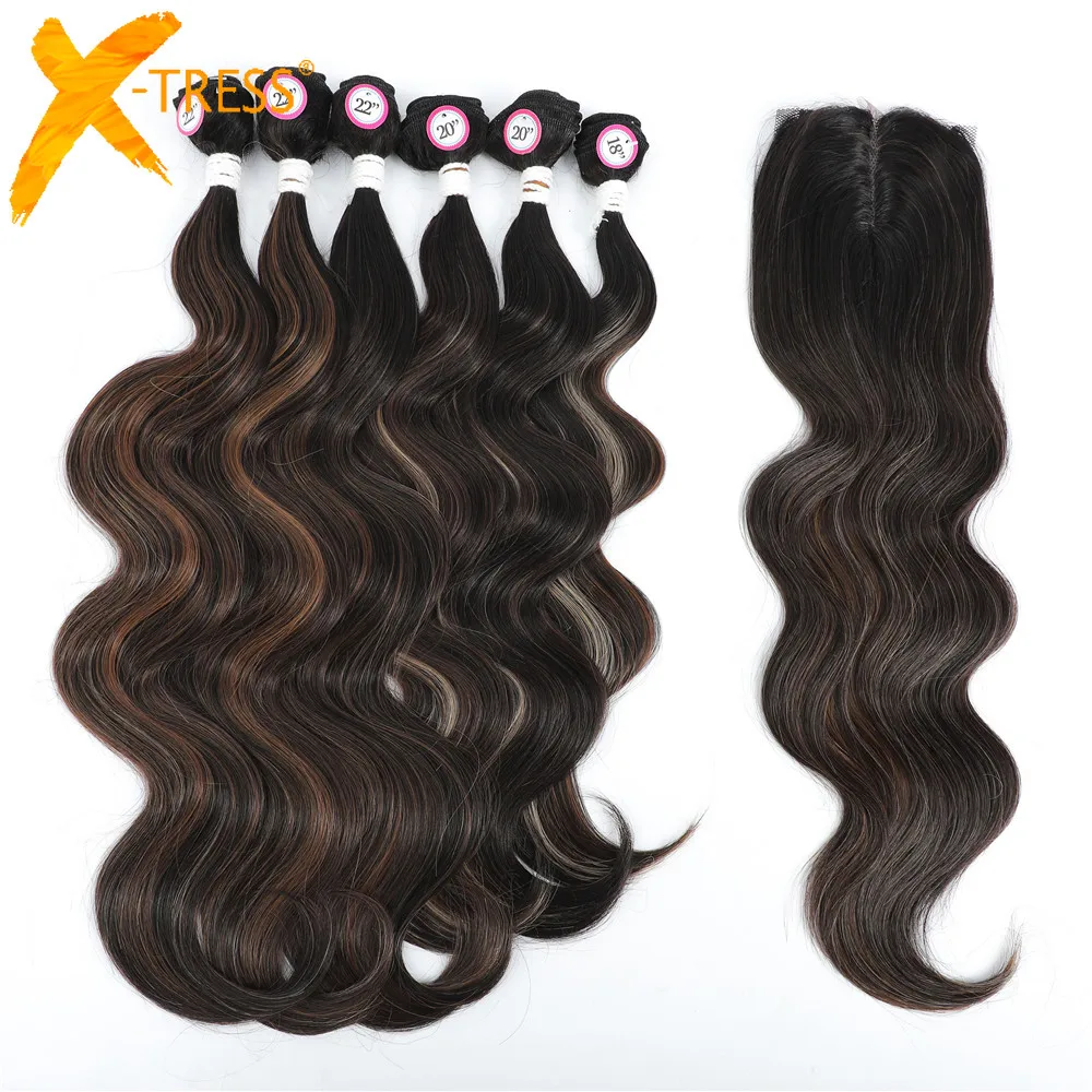 X-TRESS-Pacotes de cabelo com fechamento da parte média para mulheres negras, cabelo sintético macio, extensões de tecer, 7pcs, 1 pacote