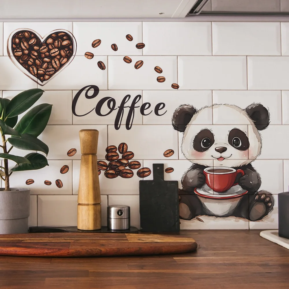 Cartoon Panda Drinking Coffee Wall Sticker Living Room Kitchen Background Decoration Mural Cafe Home Decor Self-adhesive Decals