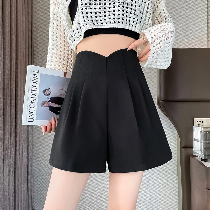 2024 Spring Shorts Women Fashion High Waist Loose Thin Wide-leg Solid Color Office Lady Korean Style Casual Short Pants Female