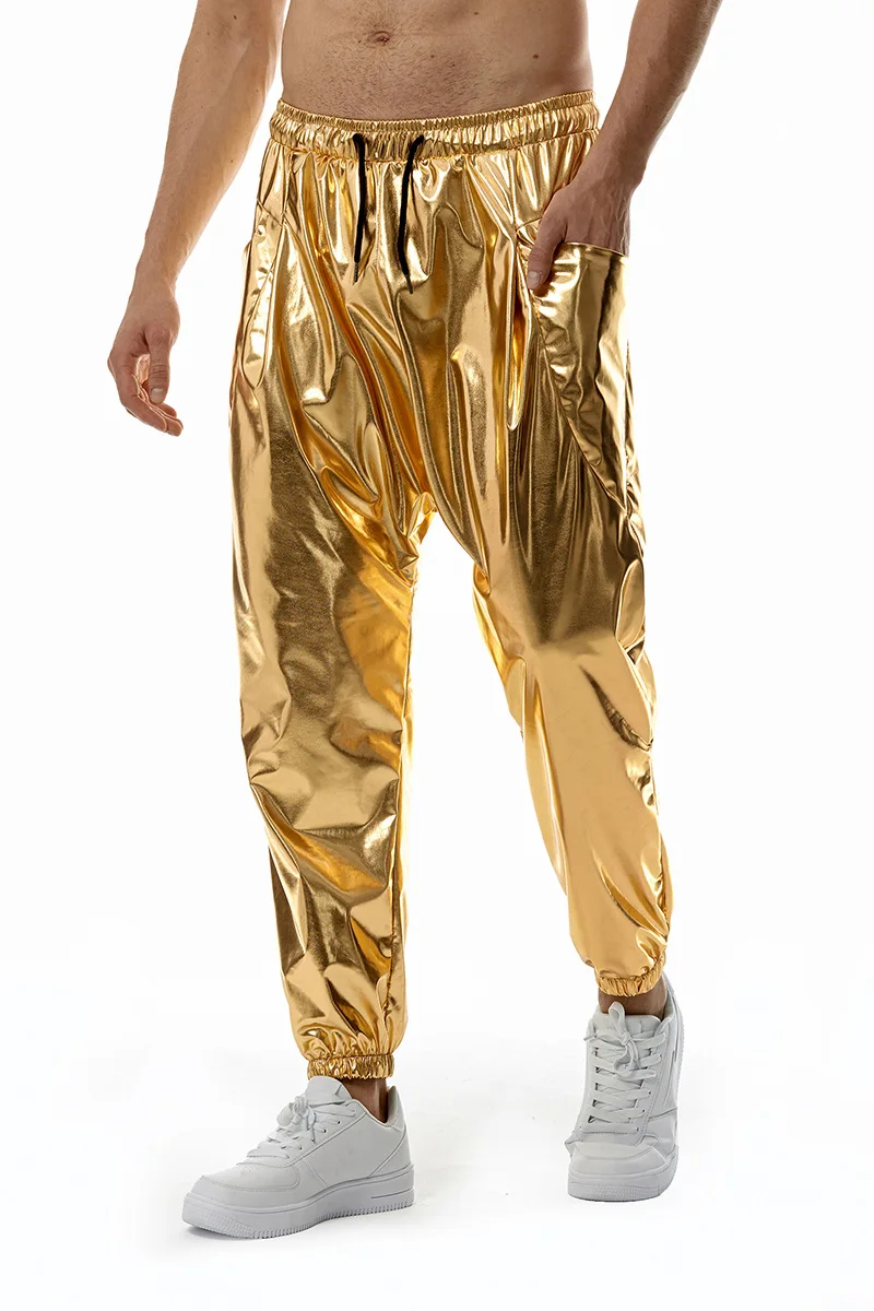 Shiny Metallic PU Leather Sweatpants Men Hip Hop Gold Coated Trousers Disco Nightclub Costume Stage Perform Pants for Singers 2
