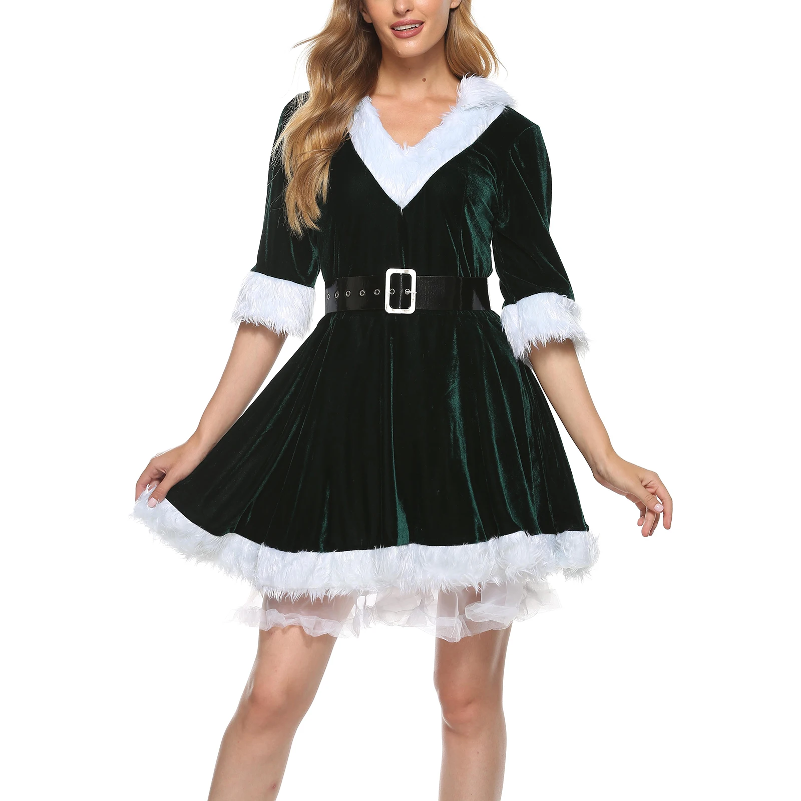 Women Mrs Santa Claus Costume Dress Velvet Hooded Lace Dress with Faux Fur Hem Christmas Party New Year Outfits Gifts