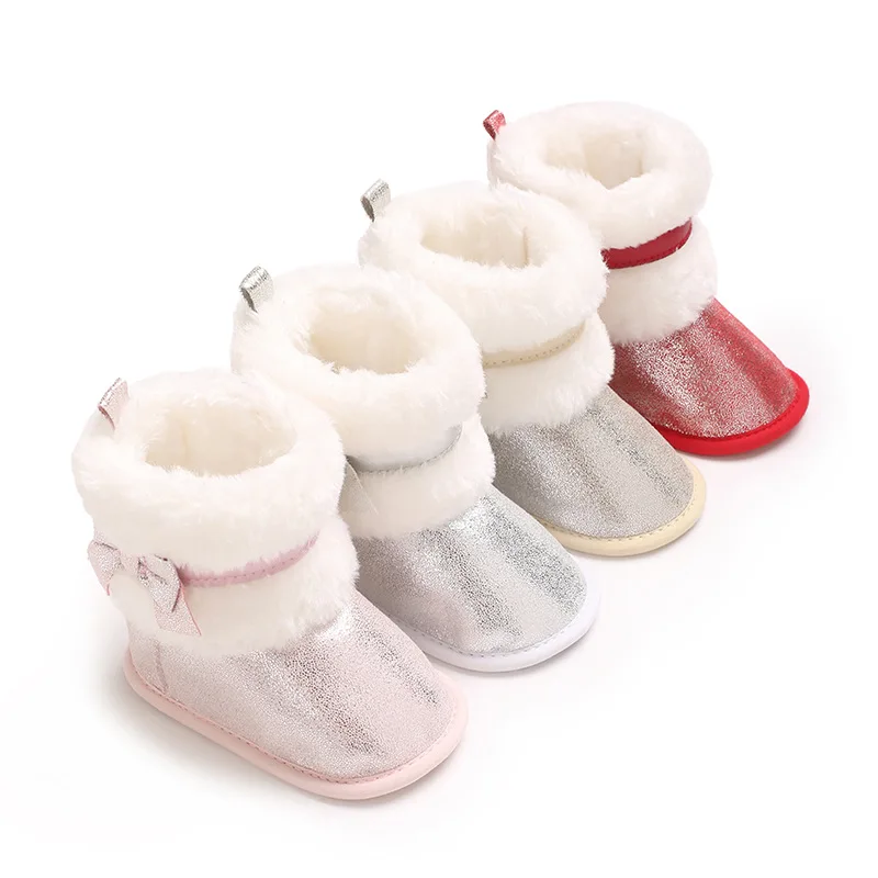 Winter Snow Baby Boots Newborn Warm Booties Shoes Soft Sole Shiny Flats with Cute Bows First Walkers Infant Shoes 0-18Months 1