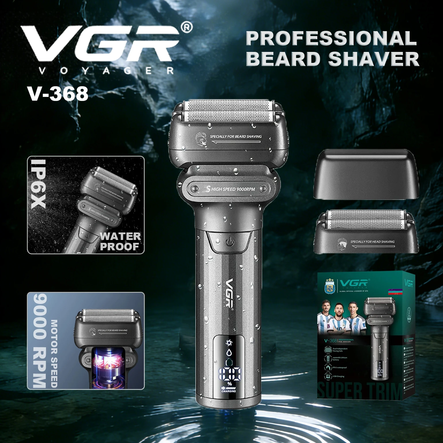 VGR Electric Shaver Professional Beard Trimmer 9000 RPM Portable IPX6 Face Shaver LED Shaving Machine for Men V-368 V-375 V-376