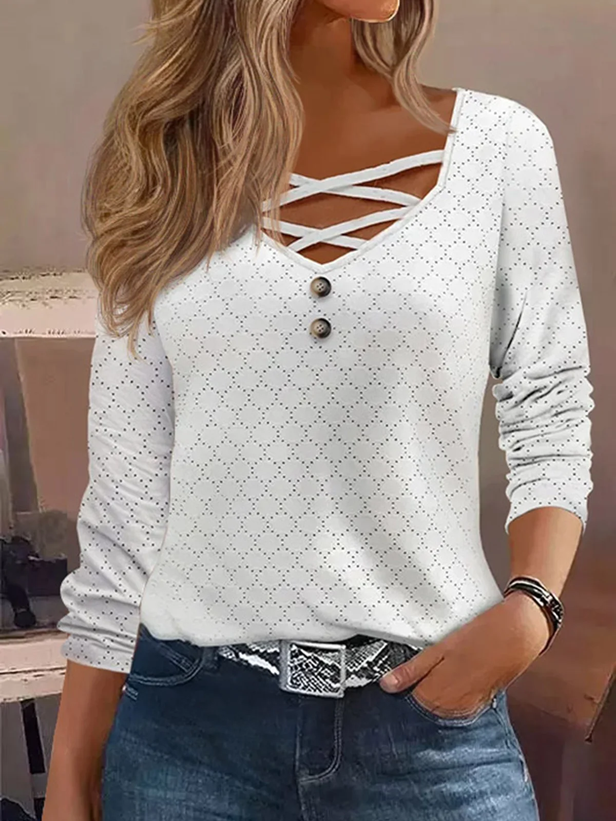 

2023 Hollow Out Criss-Cross Long Sleeve Buttons - White Intellectual Elegance Blouse Novel Casual Design Female Fashion Top