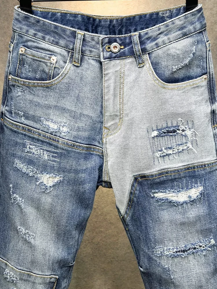 Fashion Streetwear Men Jeans Retro Blue Spliced Designer Elastic Slim Fit Ripped Jeans Men Patched Hip Hop Denim Pants Hombre