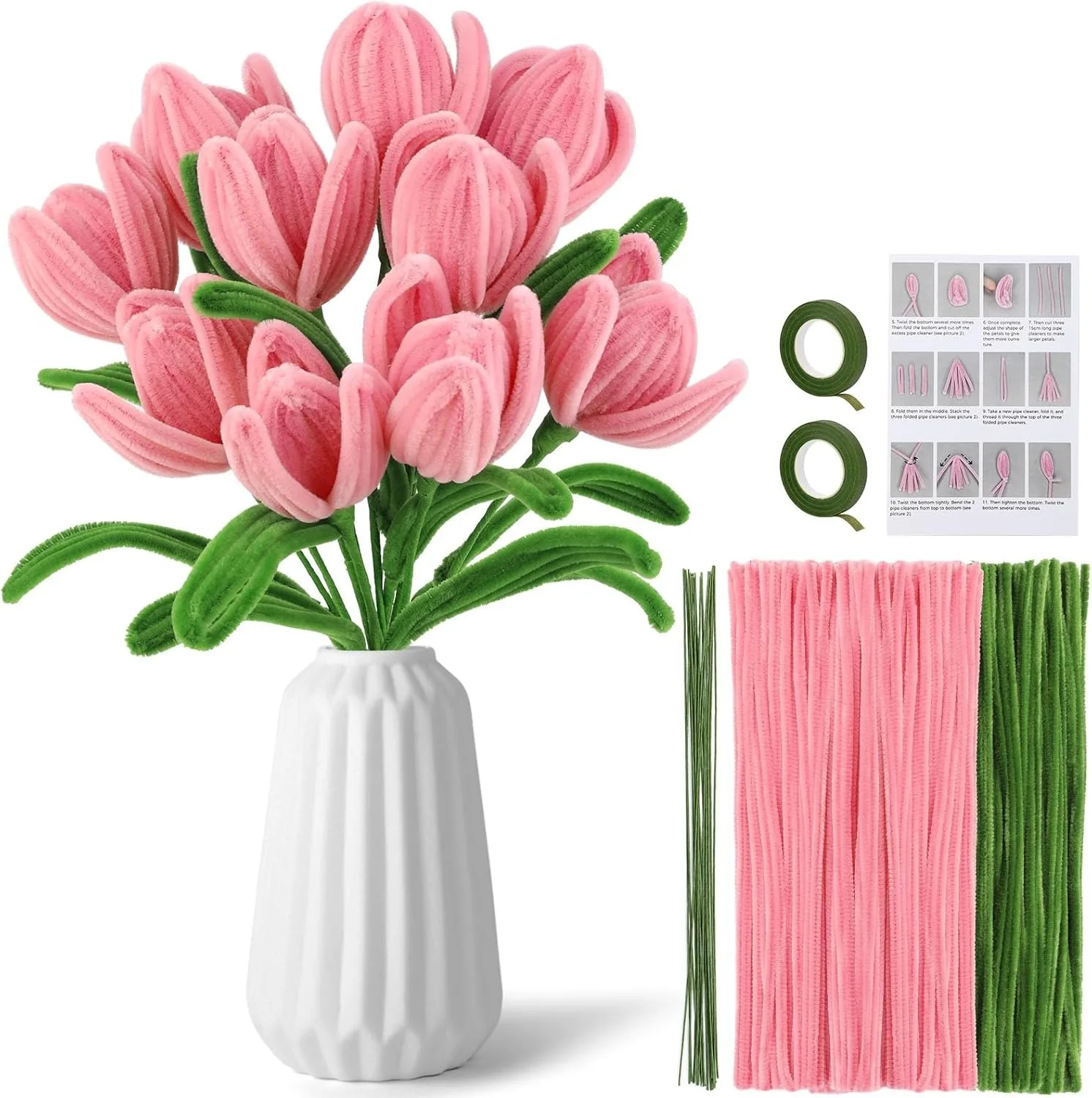 OUBAI Pipe Cleaner Flower Kit Pipe Cleaner Flowers Chenille Stems Set with Floral Wire Instructions for DIY Art