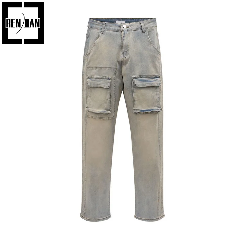 

Fashion Washed Cargo Jeans Pants With Pockets High Street Vintage Hip Hop Denim Trousers Retro Straight Fit Bottoms