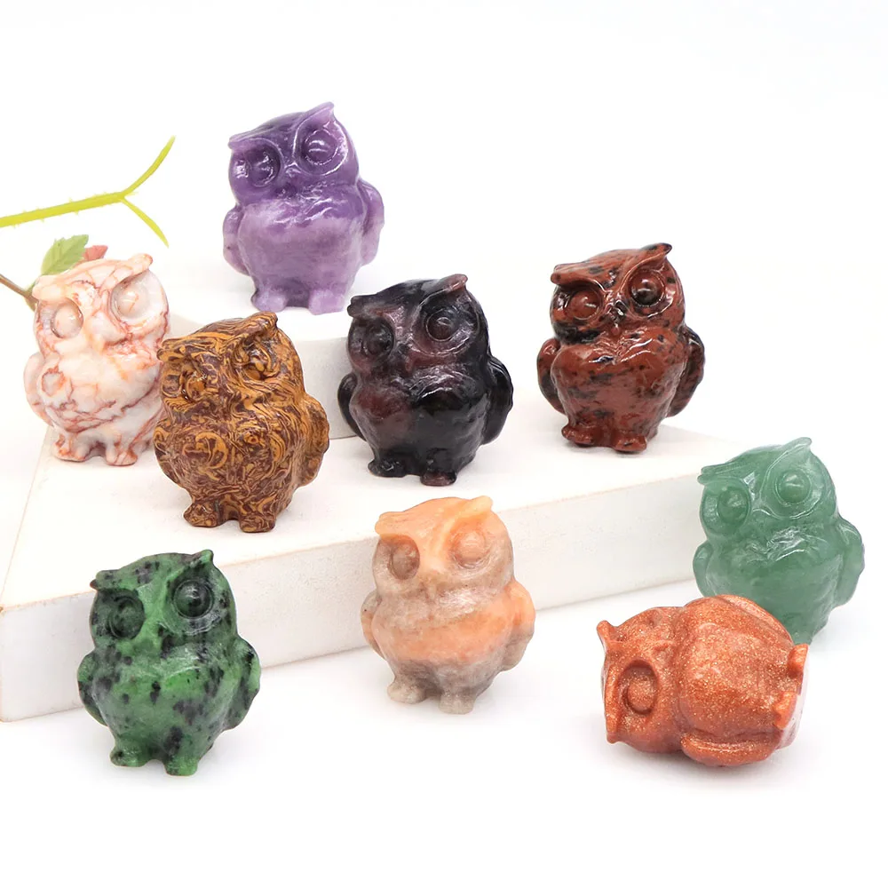 

35mm Owl Statue Natural Jade Agate Obsidian Crystal Stone Carving Healing Animal Figurine Home Decoration Crafts Gifts Wholesale