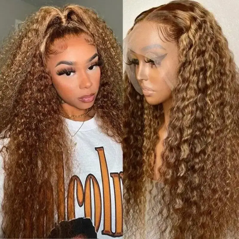 Perruque Lace Front Wig Deep Wave naturelle bouclée, cheveux à reflets, couleur blond miel ombré, 13x6, pour femmes