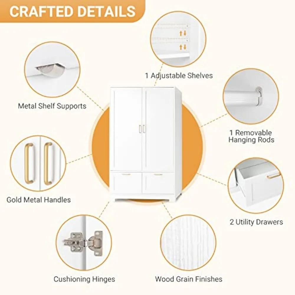 Wide Armoire Wardrobe Closet with Adjustable Shelves and Drawers, Freestanding Closet Wardrobe Cabinet, Bedroom Armoires 4